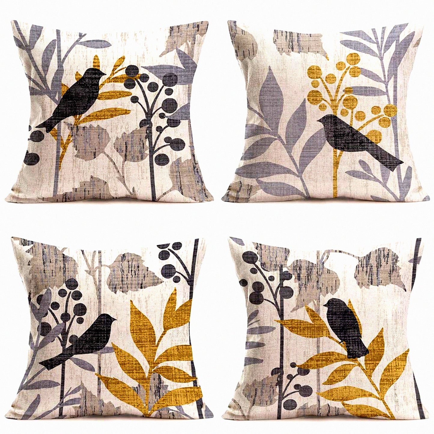 Vintage Birds & Leaves Decorative Pillow Covers - Set of 4 | Retro Rustic Farm Grey Birds on Tree Branch | Spring Summer Home Decor 18x18