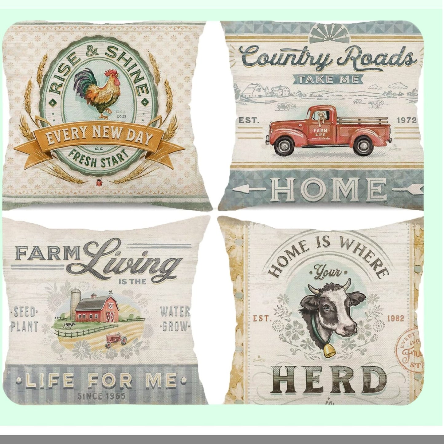 Retro Farmhouse Animal Pillow Covers Set - Vintage Farmer's Market Truck Rooster Sheep Feed Seed Premium Poultry Farm Home Decor Throw Pillow Case - Sofa Cushion Cover 18x18 (Set of 4)
