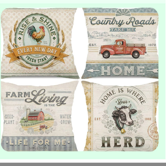 Retro Farmhouse Animal Pillow Covers Set - Vintage Farmer's Market Truck Rooster Sheep Feed Seed Premium Poultry Farm Home Decor Throw Pillow Case - Sofa Cushion Cover 18x18 (Set of 4)