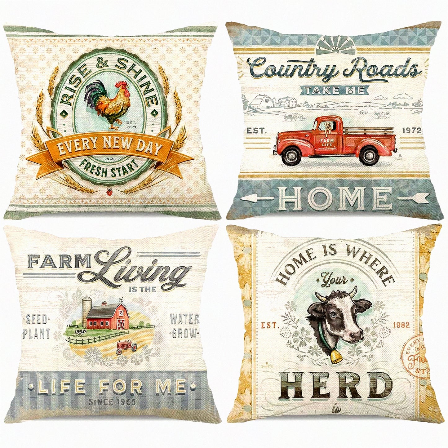 Retro Farmhouse Animal Pillow Covers Set - Vintage Farmer's Market Truck Rooster Sheep Feed Seed Premium Poultry Farm Home Decor Throw Pillow Case - Sofa Cushion Cover 18x18 (Set of 4)