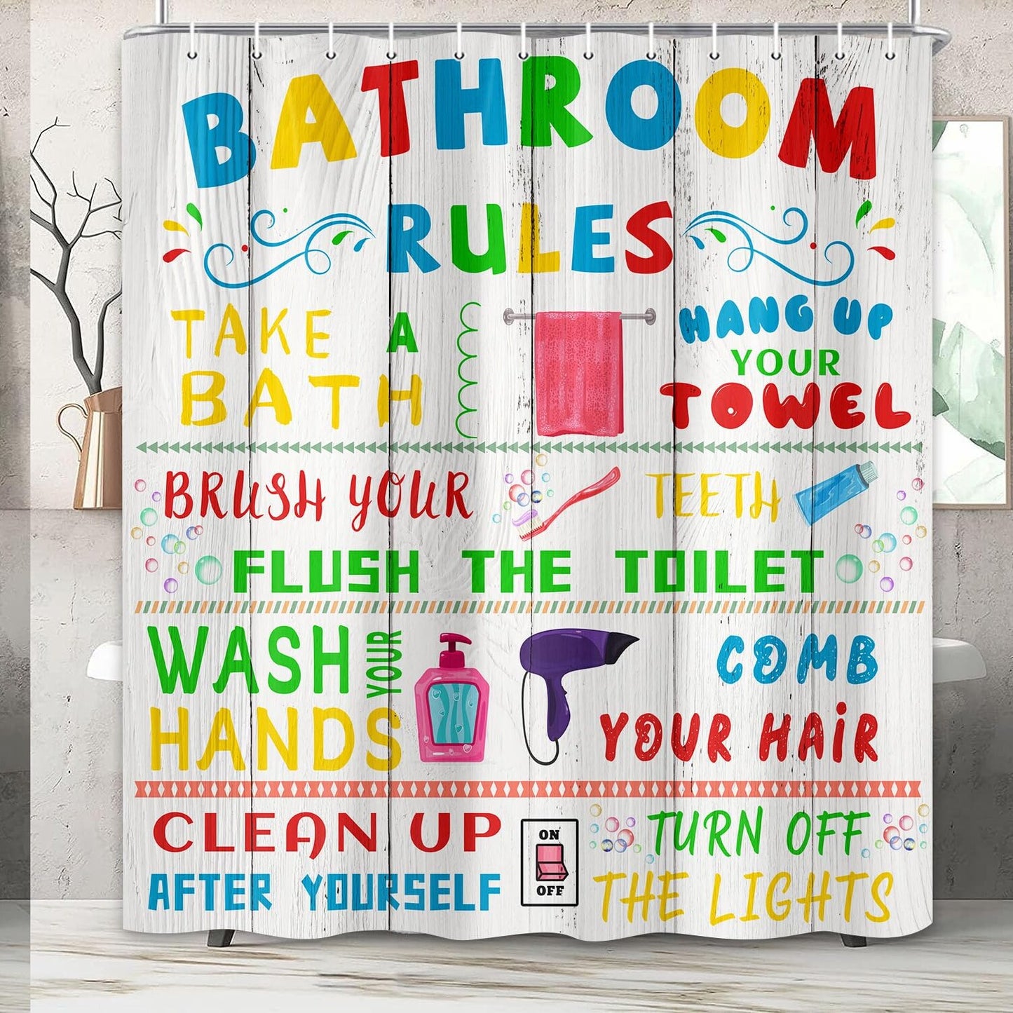 Kids Shower Curtain Set 72x72 Colorful Bathroom Rules