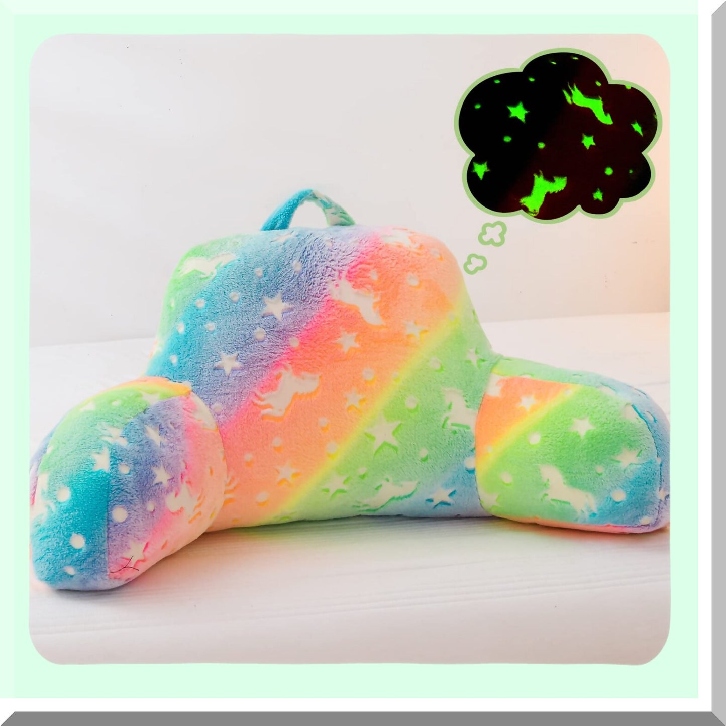 Rainbow Glow Reading Pillow - Colorful Gradient Star Unicorn Luminous Backrest with Arms for Bed Rest. Perfect for Adults, Teens, Kids. Yellow-Pink Glow in The Dark Design.
