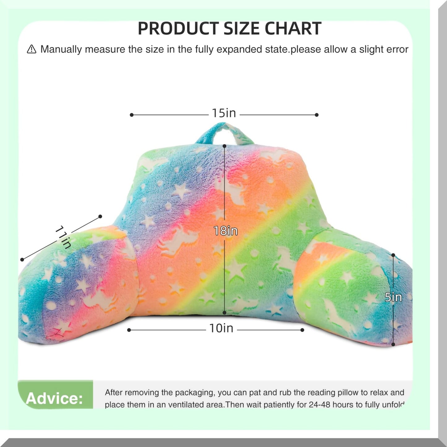 Rainbow Glow Reading Pillow - Colorful Gradient Star Unicorn Luminous Backrest with Arms for Bed Rest. Perfect for Adults, Teens, Kids. Yellow-Pink Glow in The Dark Design.