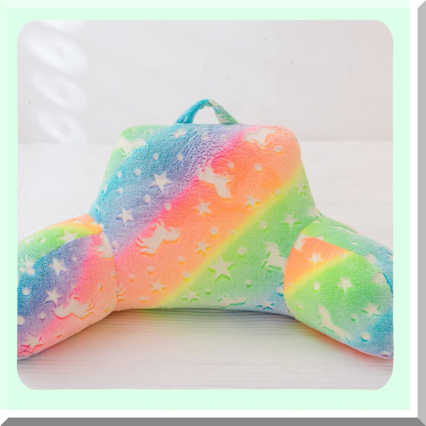 Rainbow Glow Reading Pillow - Colorful Gradient Star Unicorn Luminous Backrest with Arms for Bed Rest. Perfect for Adults, Teens, Kids. Yellow-Pink Glow in The Dark Design.