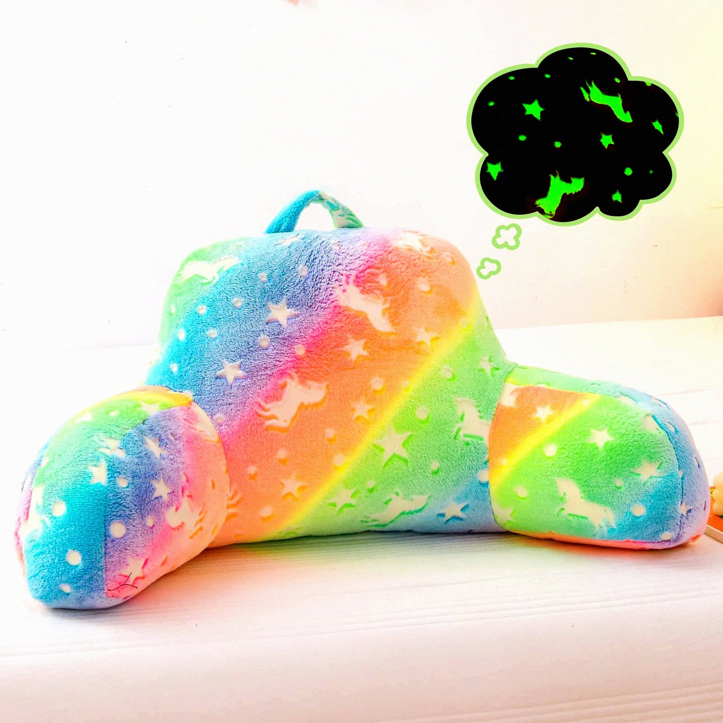 Rainbow Glow Reading Pillow - Colorful Gradient Star Unicorn Luminous Backrest with Arms for Bed Rest. Perfect for Adults, Teens, Kids. Yellow-Pink Glow in The Dark Design.