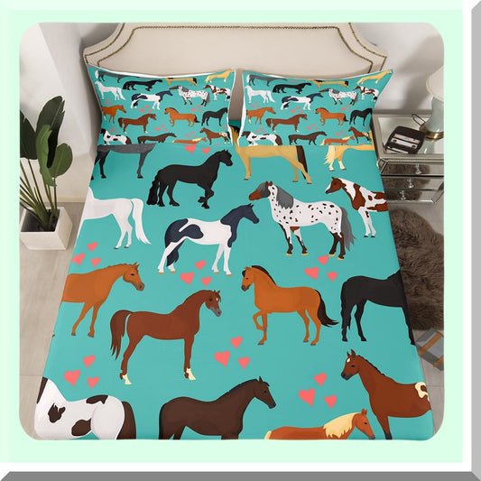 Turquoise Lovewild Horse Queen Fitted Sheet - Kawaii Farmhouse Rustic Bedding Set for Adults - Western Animals Cartoon Room Decor - Cute Blue Sheets