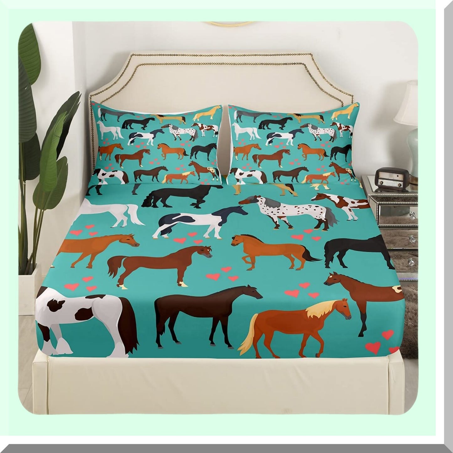 Turquoise Lovewild Horse Queen Fitted Sheet - Kawaii Farmhouse Rustic Bedding Set for Adults - Western Animals Cartoon Room Decor - Cute Blue Sheets