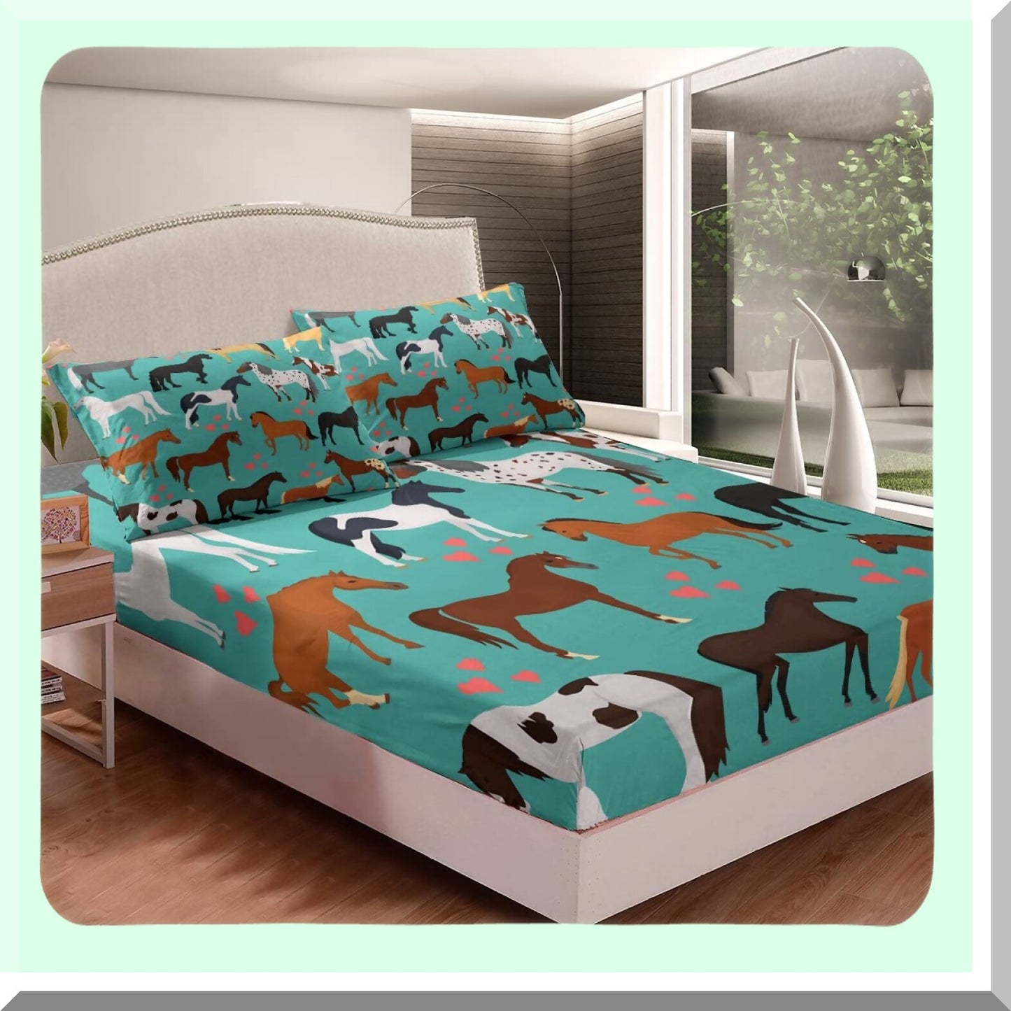 Turquoise Lovewild Horse Queen Fitted Sheet - Kawaii Farmhouse Rustic Bedding Set for Adults - Western Animals Cartoon Room Decor - Cute Blue Sheets