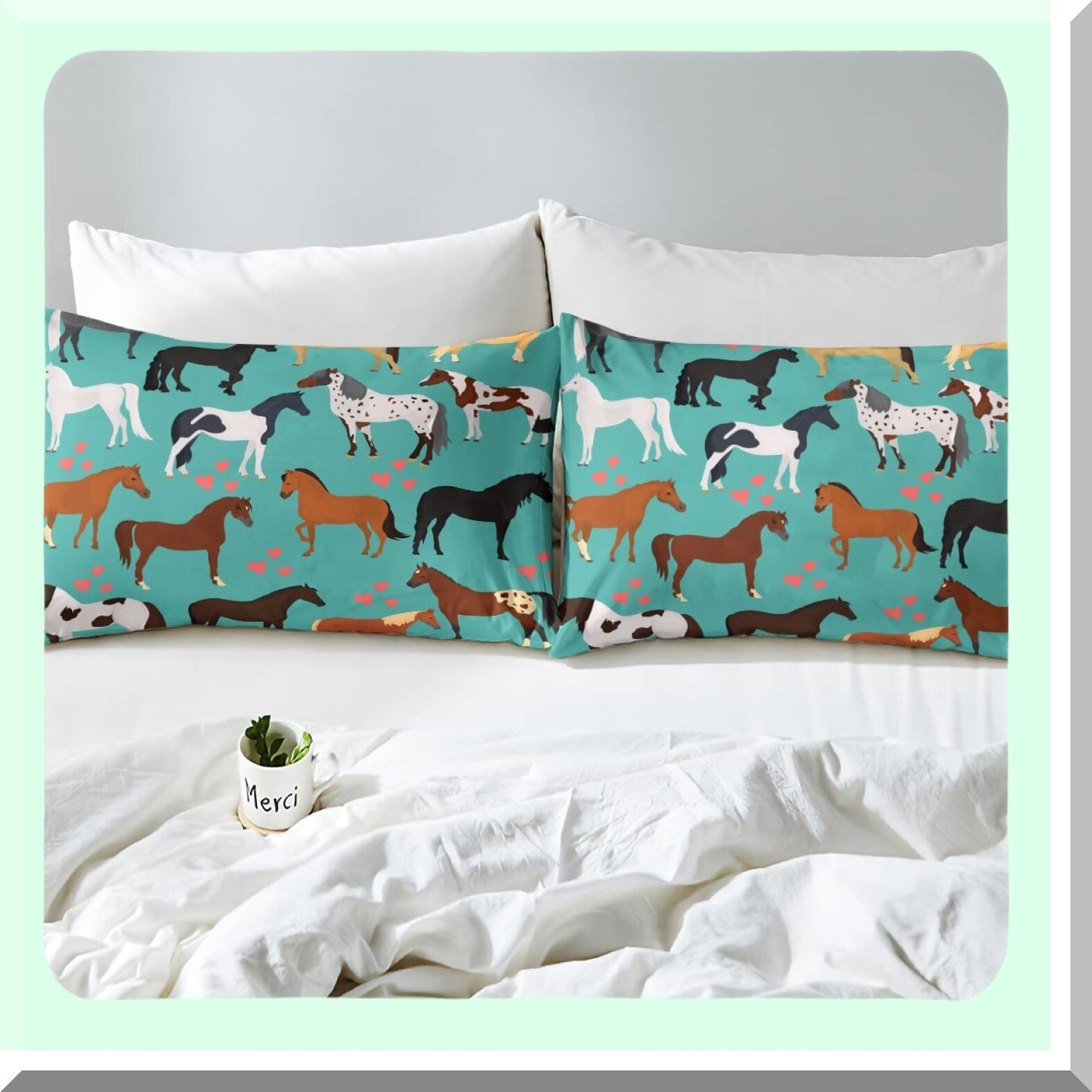 Turquoise Lovewild Horse Queen Fitted Sheet - Kawaii Farmhouse Rustic Bedding Set for Adults - Western Animals Cartoon Room Decor - Cute Blue Sheets