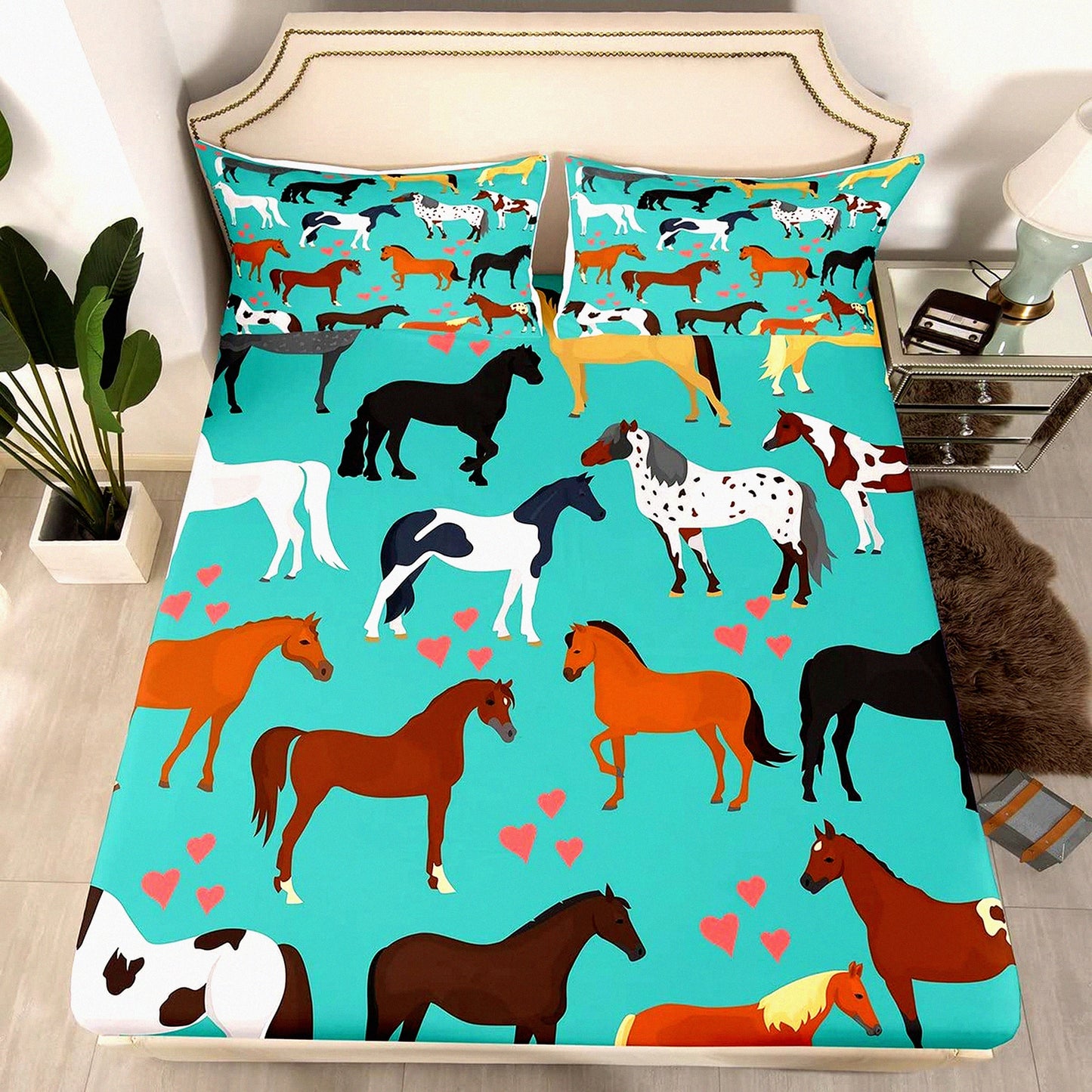 Turquoise Lovewild Horse Queen Fitted Sheet - Kawaii Farmhouse Rustic Bedding Set for Adults - Western Animals Cartoon Room Decor - Cute Blue Sheets