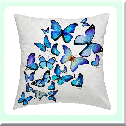 Butterfly Bliss Pillow Cover - 16x16 Decorative Couch Cushion Case for Sofa, Cotton Linen Indoor Outdoor Home Decoration - Blue Pattern