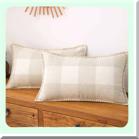 Buffalo Plaid Lumbar Pillow Covers Set - Farmhouse Decorative Throw Pillows 12x20 - Outdoor Sofa Bed Cushion Cases - Cream White Beige Stitched Edge