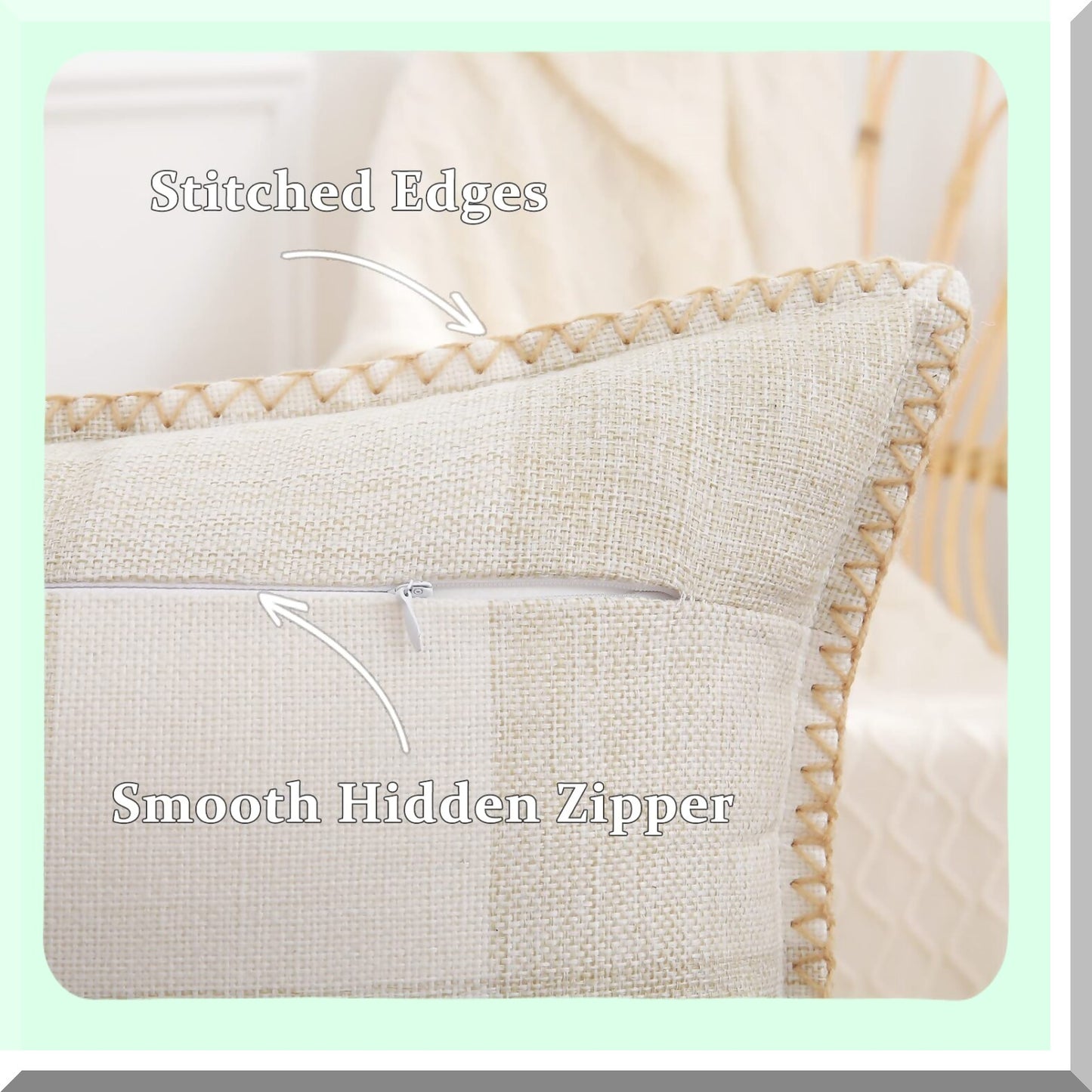 Buffalo Plaid Lumbar Pillow Covers Set - Farmhouse Decorative Throw Pillows 12x20 - Outdoor Sofa Bed Cushion Cases - Cream White Beige Stitched Edge