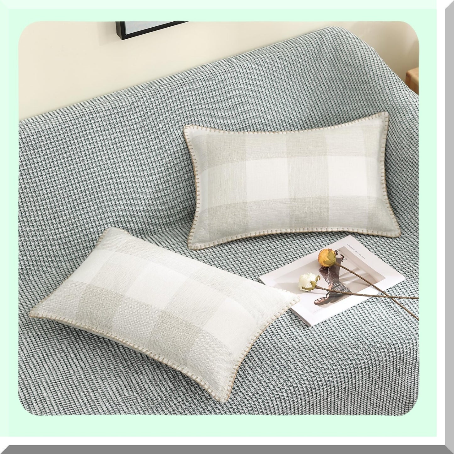 Buffalo Plaid Lumbar Pillow Covers Set - Farmhouse Decorative Throw Pillows 12x20 - Outdoor Sofa Bed Cushion Cases - Cream White Beige Stitched Edge