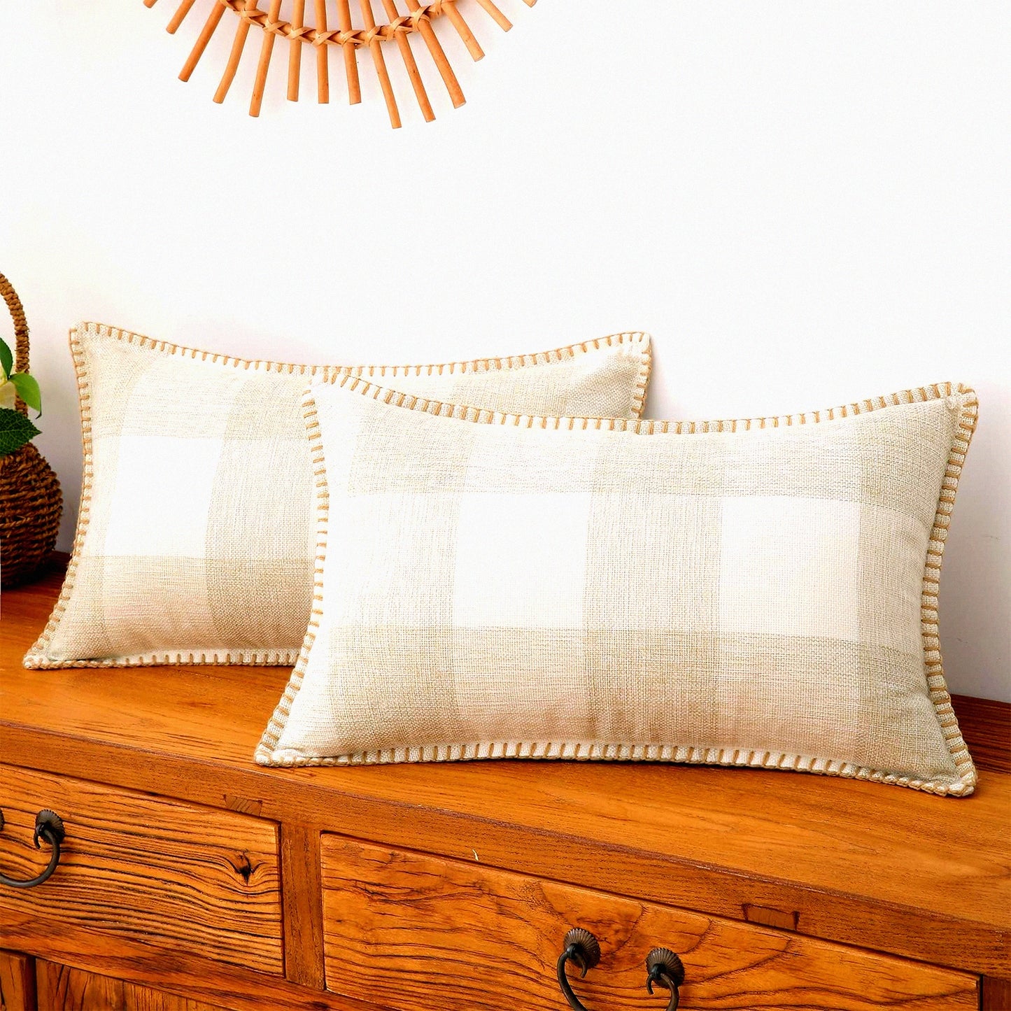 Buffalo Plaid Lumbar Pillow Covers Set - Farmhouse Decorative Throw Pillows 12x20 - Outdoor Sofa Bed Cushion Cases - Cream White Beige Stitched Edge