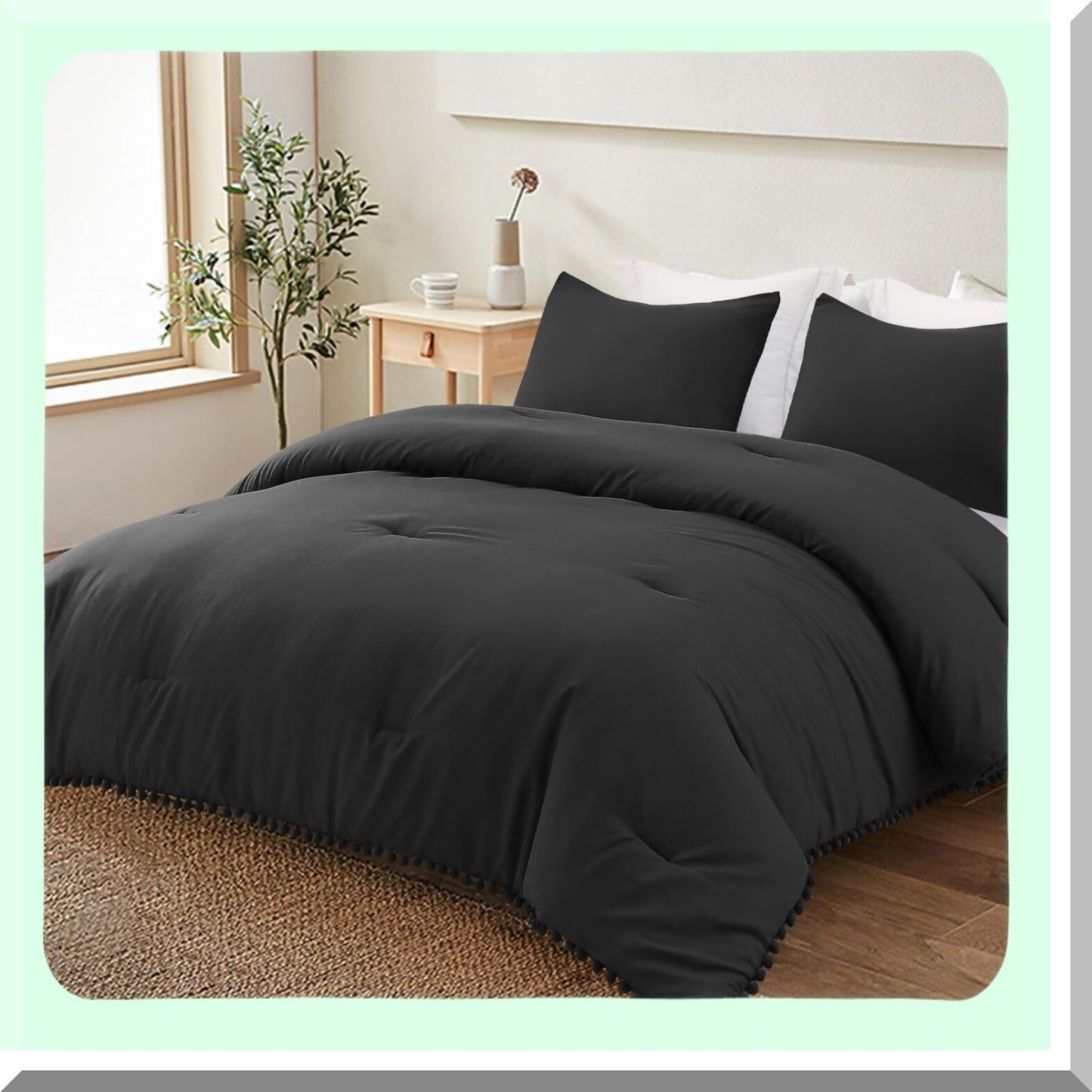 Boho Chic Pom Pom Ball Fringe Twin Comforter Set - Black Lightweight Down Alternative Bedding for All Seasons - 2 Piece Comforter & Pillowcase