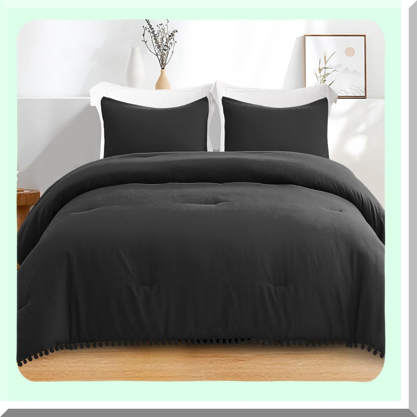 Boho Chic Pom Pom Ball Fringe Twin Comforter Set - Black Lightweight Down Alternative Bedding for All Seasons - 2 Piece Comforter & Pillowcase