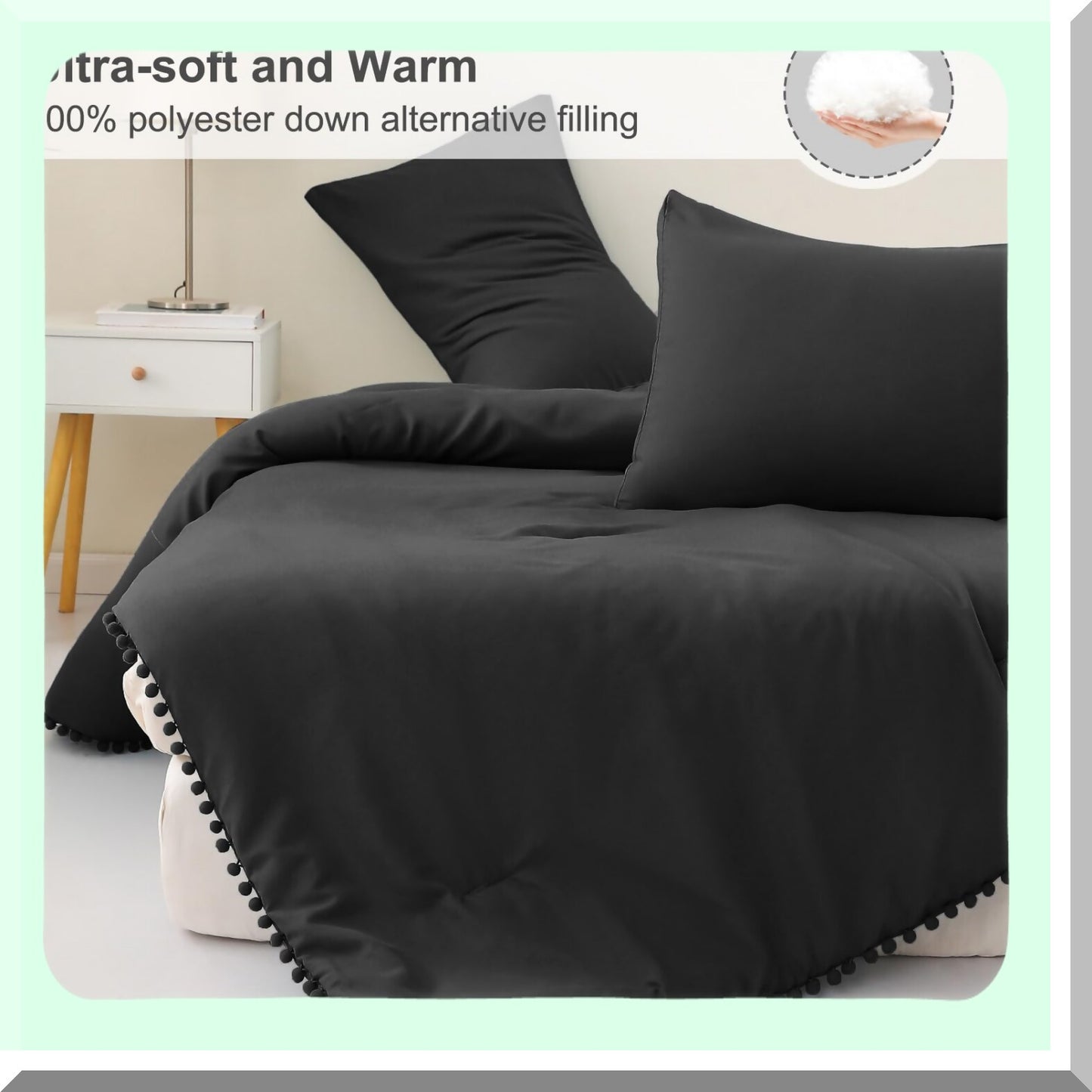Boho Chic Pom Pom Ball Fringe Twin Comforter Set - Black Lightweight Down Alternative Bedding for All Seasons - 2 Piece Comforter & Pillowcase