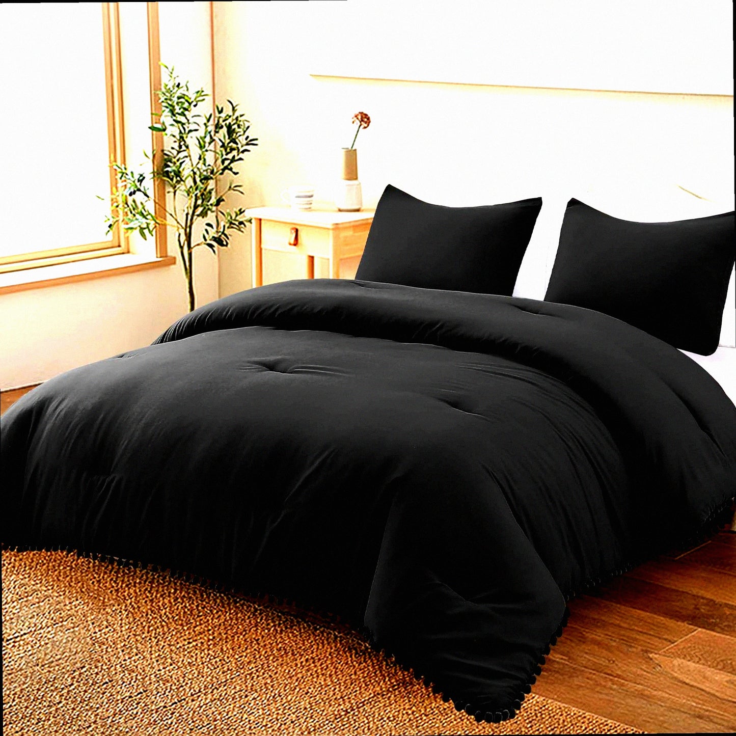 Boho Chic Pom Pom Ball Fringe Twin Comforter Set - Black Lightweight Down Alternative Bedding for All Seasons - 2 Piece Comforter & Pillowcase