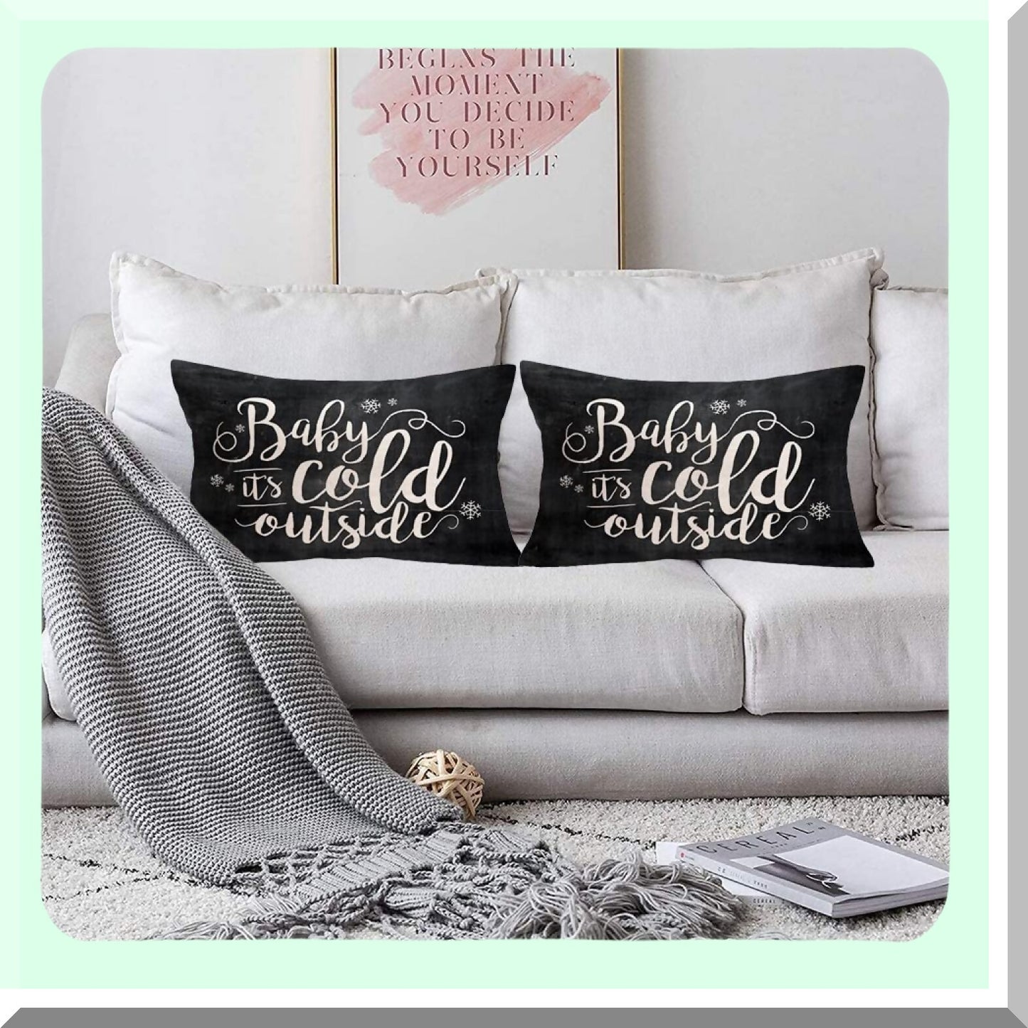 Winter Wonderland Chalkboard Snowflake Pillow Covers - 12x20 Inch Cotton Linen Cushion Cover for Couch - Hand Lettering Black and White Decor
