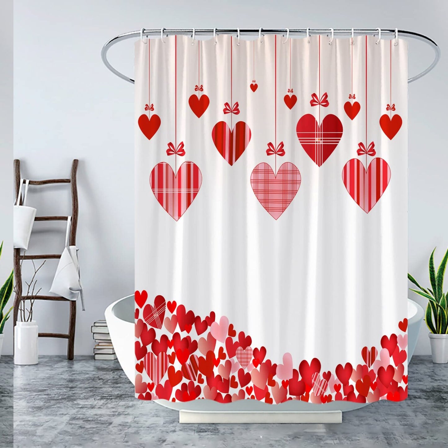 Red Love Heart Shower Curtain with Buffalo Plaid