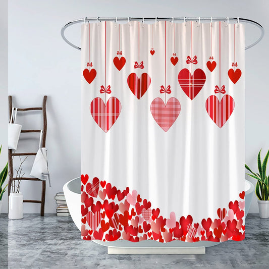 Red Love Heart Shower Curtain with Buffalo Plaid