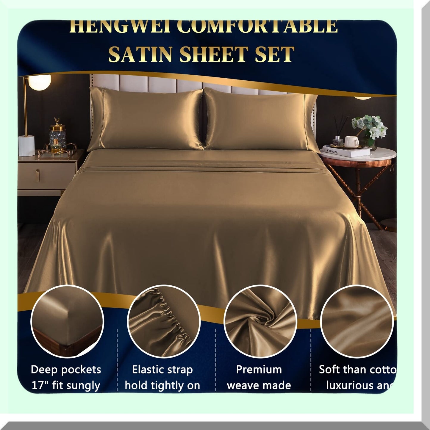 CoolSilk Queen Sheet Set - 4 Piece Breathable Deep Pocket Bed Sheets - HENGWEI Cooling Bedding Set for Queen Size Mattress