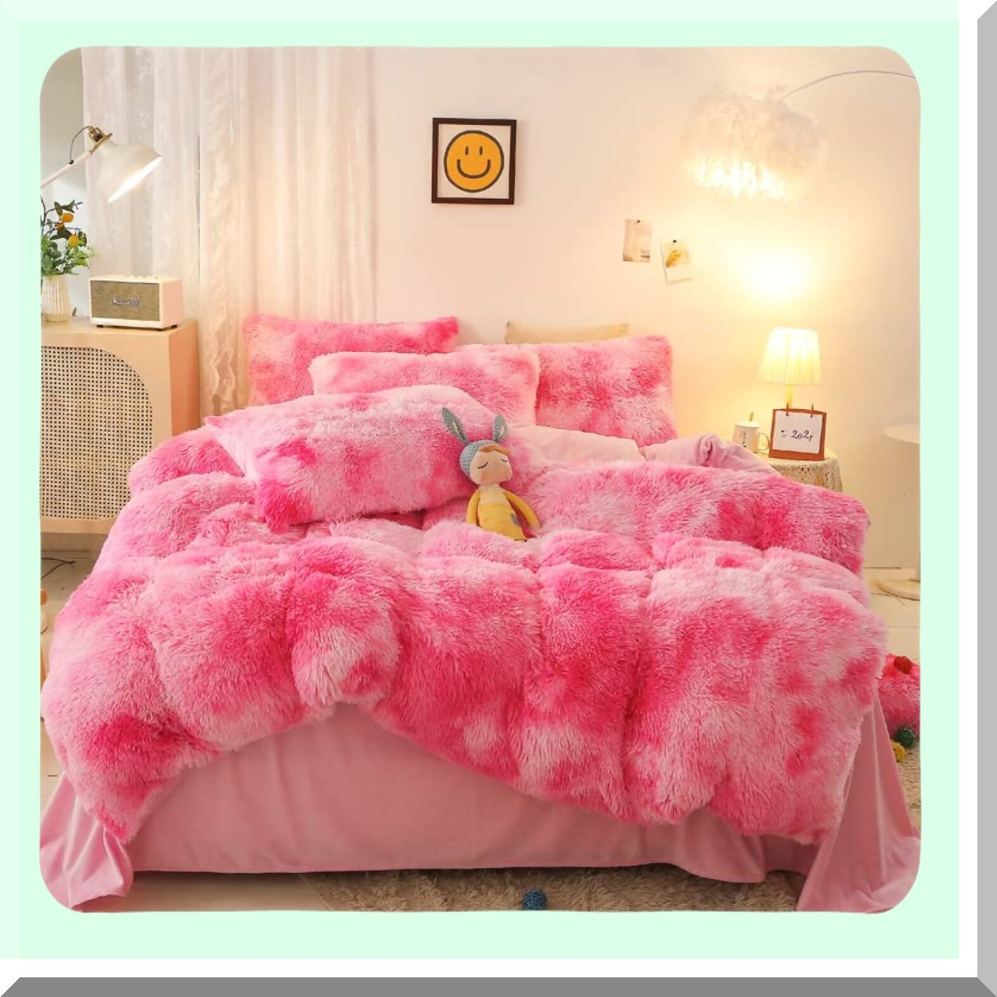 Pink Fluffy Rabbit Plush Comforter Set - Twin/Full 3PC Bedding Bundle | Ultra Soft Velvet Flannel Warmth | Colorful Tie-Dye Design | Cozy & Friendly Sleep Experience | Includes 1 Comforter & 2 Pillowcases