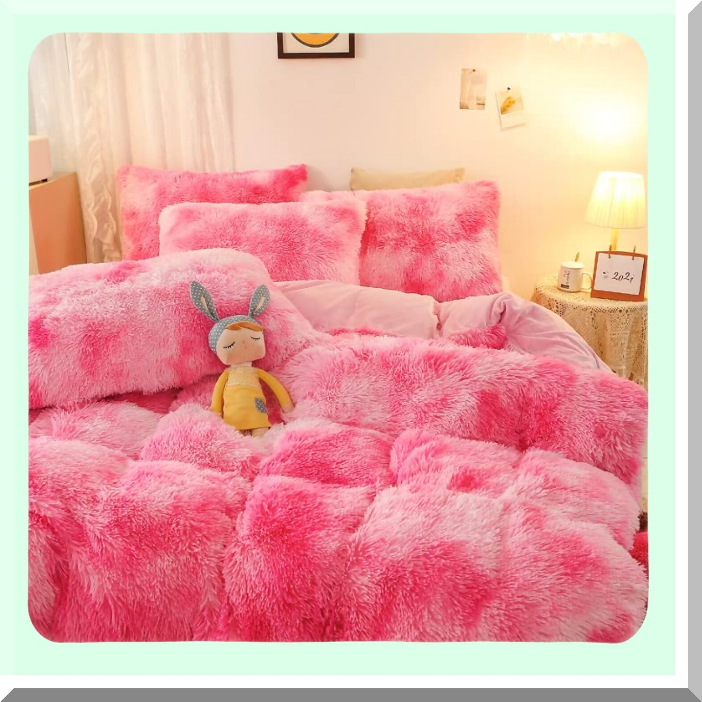 Pink Fluffy Rabbit Plush Comforter Set - Twin/Full 3PC Bedding Bundle | Ultra Soft Velvet Flannel Warmth | Colorful Tie-Dye Design | Cozy & Friendly Sleep Experience | Includes 1 Comforter & 2 Pillowcases