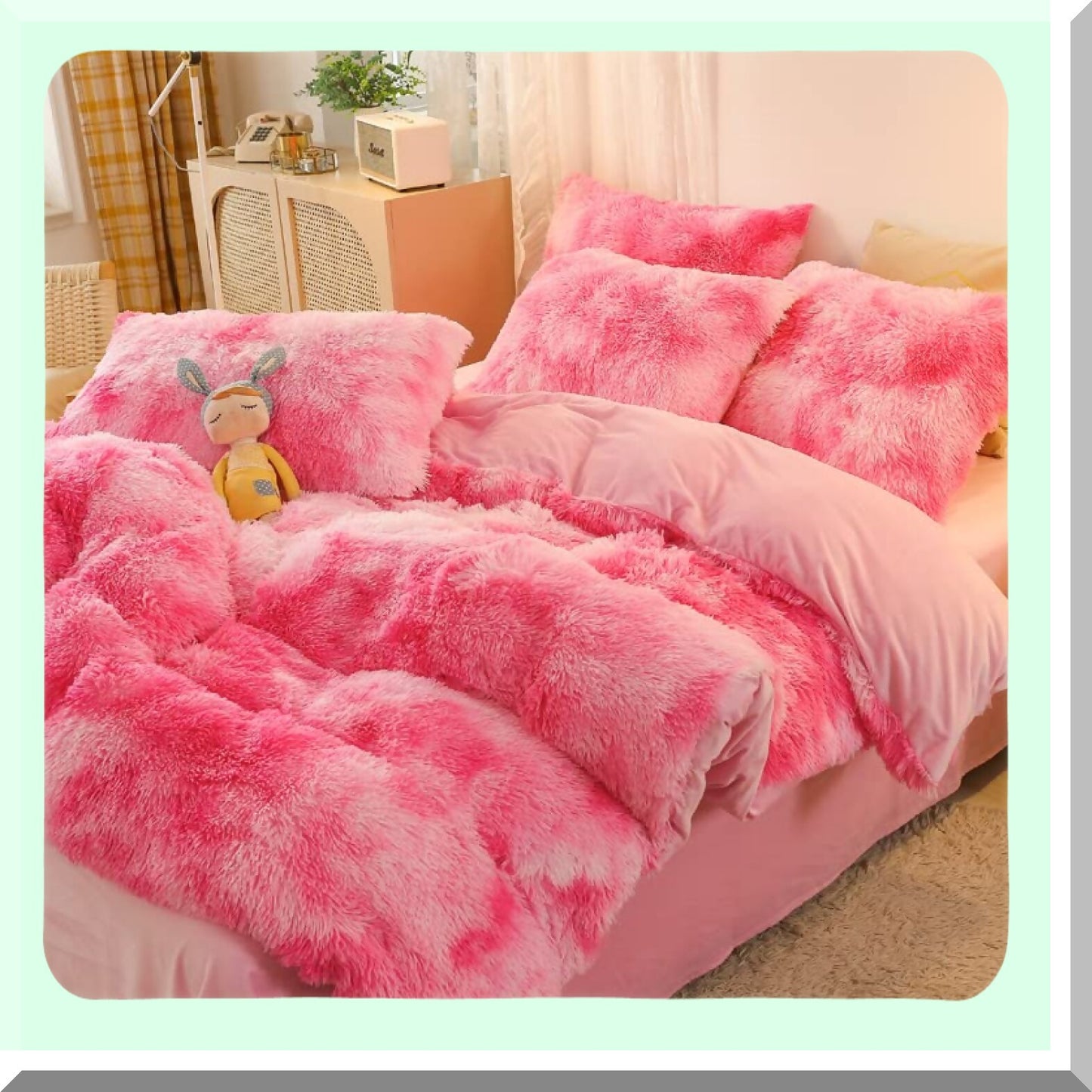 Pink Fluffy Rabbit Plush Comforter Set - Twin/Full 3PC Bedding Bundle | Ultra Soft Velvet Flannel Warmth | Colorful Tie-Dye Design | Cozy & Friendly Sleep Experience | Includes 1 Comforter & 2 Pillowcases