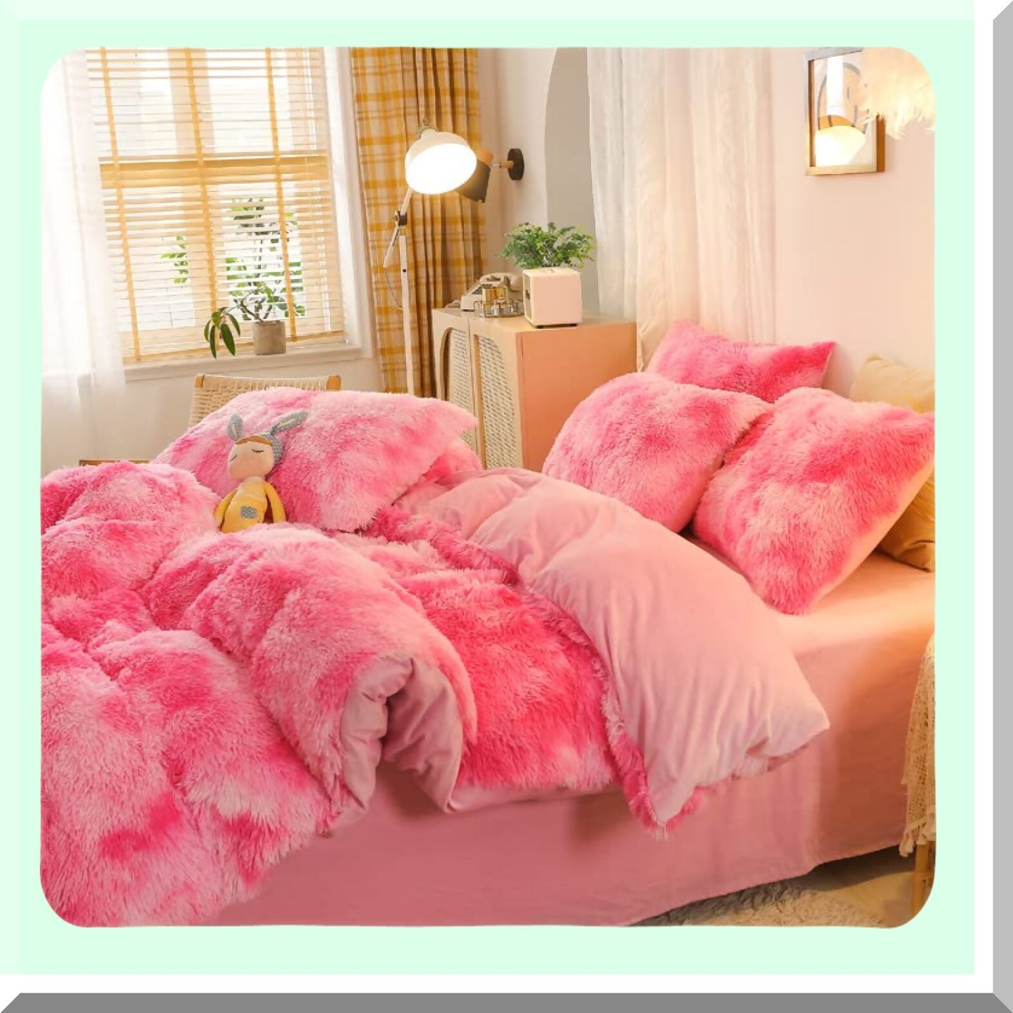 Pink Fluffy Rabbit Plush Comforter Set - Twin/Full 3PC Bedding Bundle | Ultra Soft Velvet Flannel Warmth | Colorful Tie-Dye Design | Cozy & Friendly Sleep Experience | Includes 1 Comforter & 2 Pillowcases