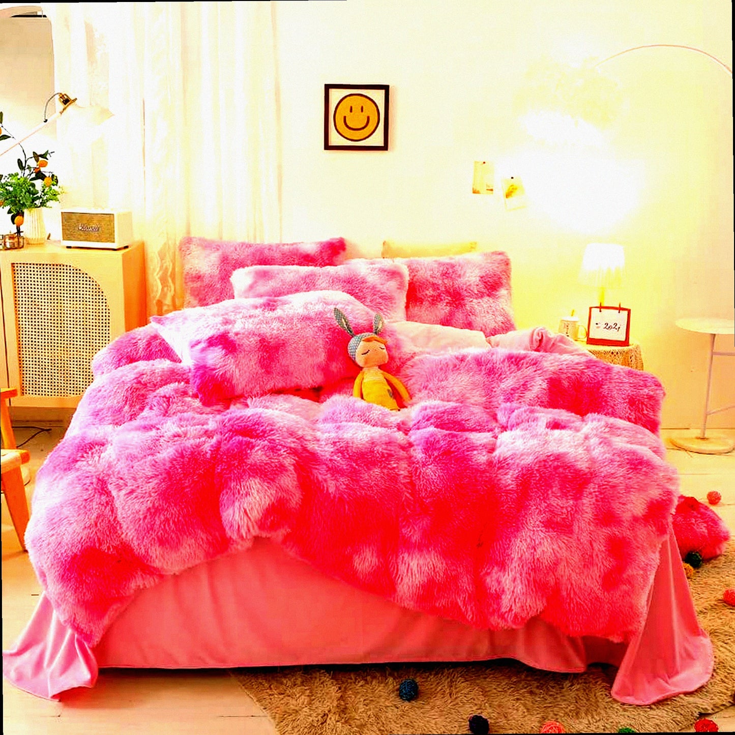 Pink Fluffy Rabbit Plush Comforter Set - Twin/Full 3PC Bedding Bundle | Ultra Soft Velvet Flannel Warmth | Colorful Tie-Dye Design | Cozy & Friendly Sleep Experience | Includes 1 Comforter & 2 Pillowcases