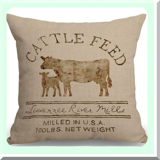 Farmhouse Chic Cattle Feed Decorative Pillow Covers - Sofa Couch Home Decor 18x18 - Rustic Farm Animal Theme Cushion Cases - Set of 2