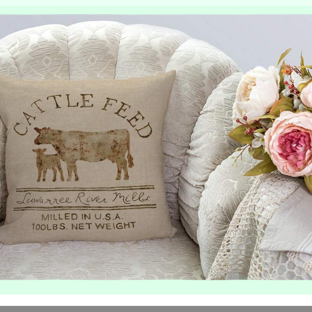 Farmhouse Chic Cattle Feed Decorative Pillow Covers - Sofa Couch Home Decor 18x18 - Rustic Farm Animal Theme Cushion Cases - Set of 2