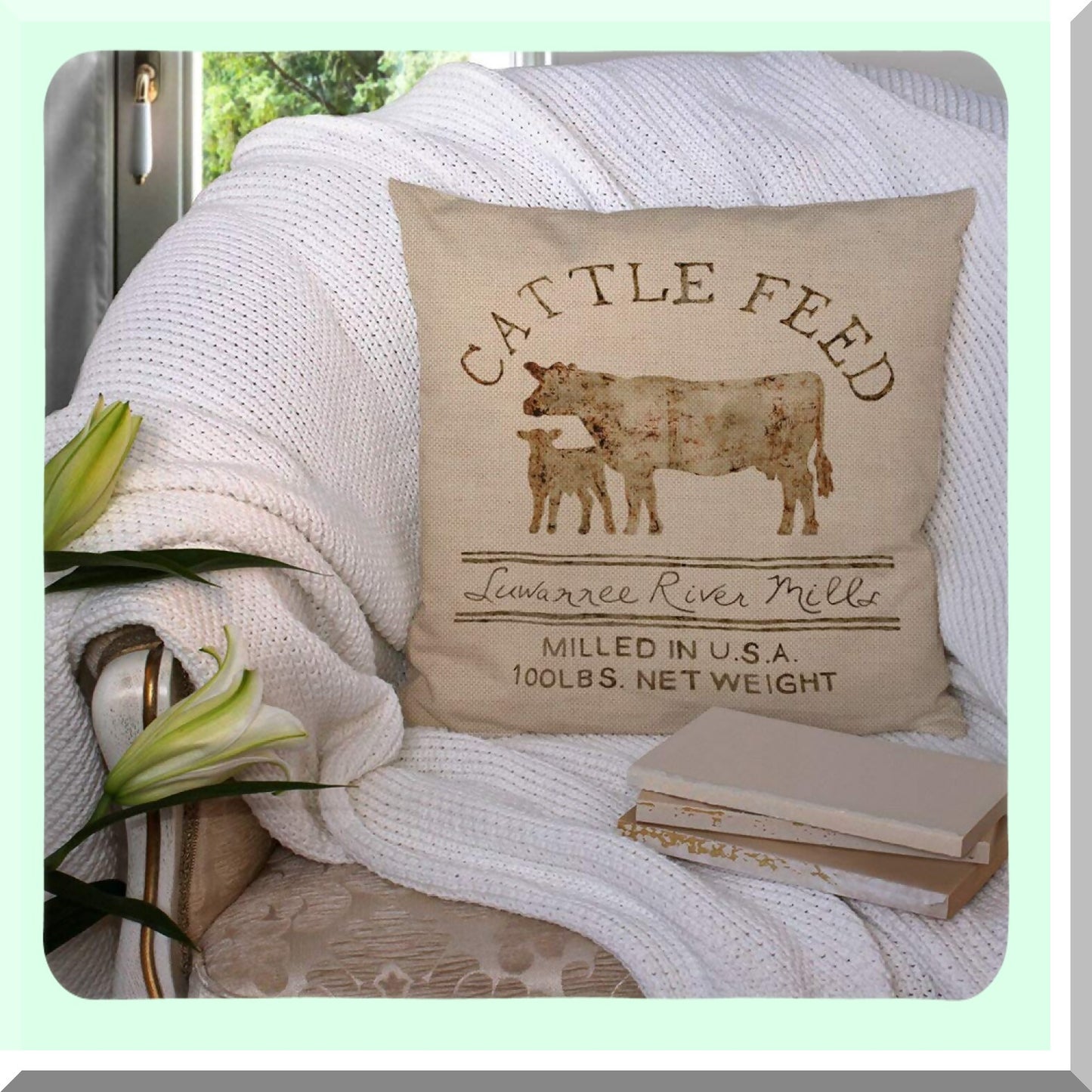 Farmhouse Chic Cattle Feed Decorative Pillow Covers - Sofa Couch Home Decor 18x18 - Rustic Farm Animal Theme Cushion Cases - Set of 2