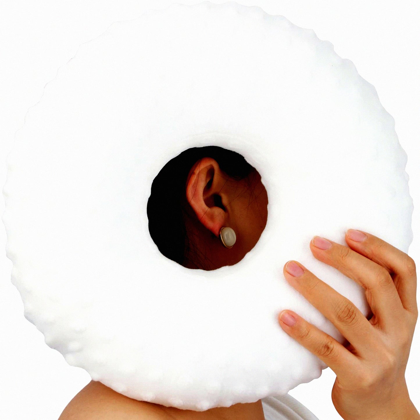 SideSleep Ease Pillow - Ear Pain Relief & Pressure Sores Prevention - O-Shaped Donut Guard for Side Sleepers - Minky Dot White - CHN Design