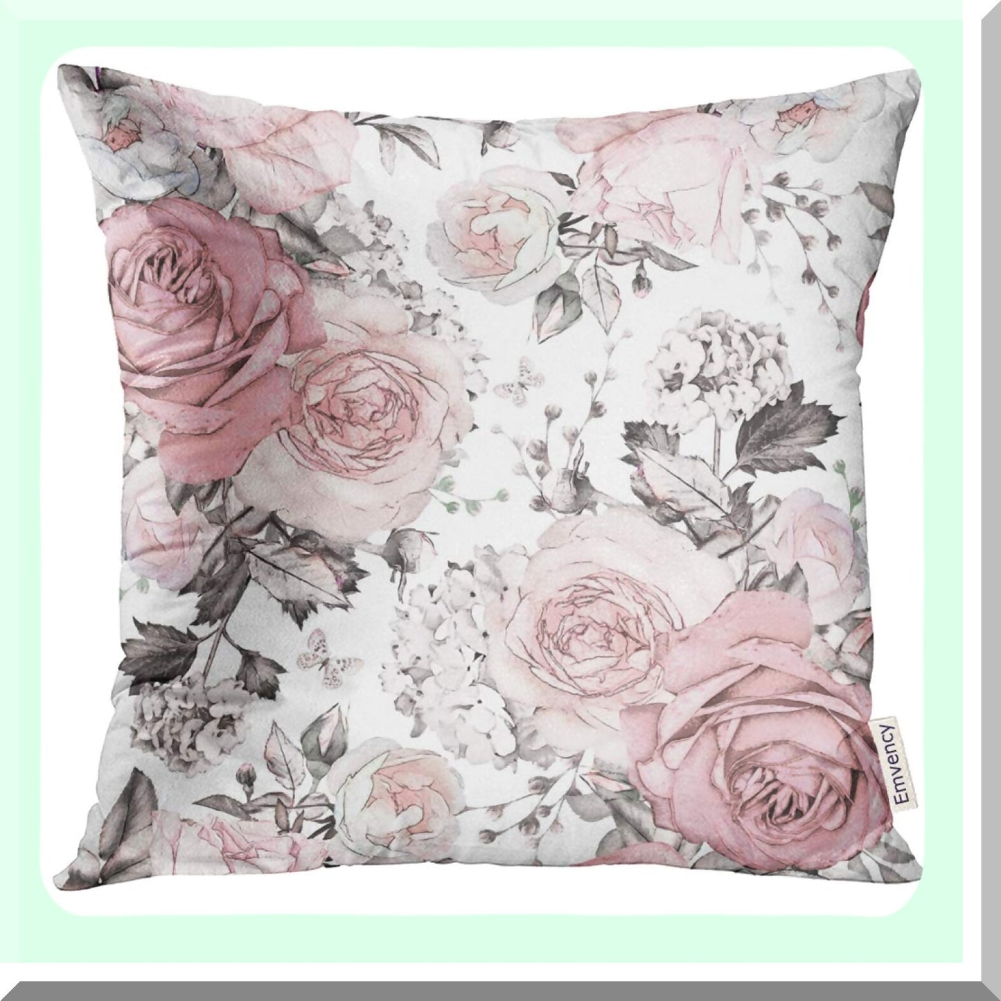 Pink Rose Watercolor Floral Pillow Cover - Gray Abstract Leaves Decorative Case for Home Decor, 18x18 Inches Square Pillowcase in Pastel Color
