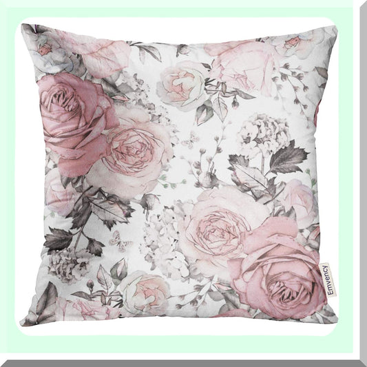 Pink Rose Watercolor Floral Pillow Cover - Gray Abstract Leaves Decorative Case for Home Decor, 18x18 Inches Square Pillowcase in Pastel Color
