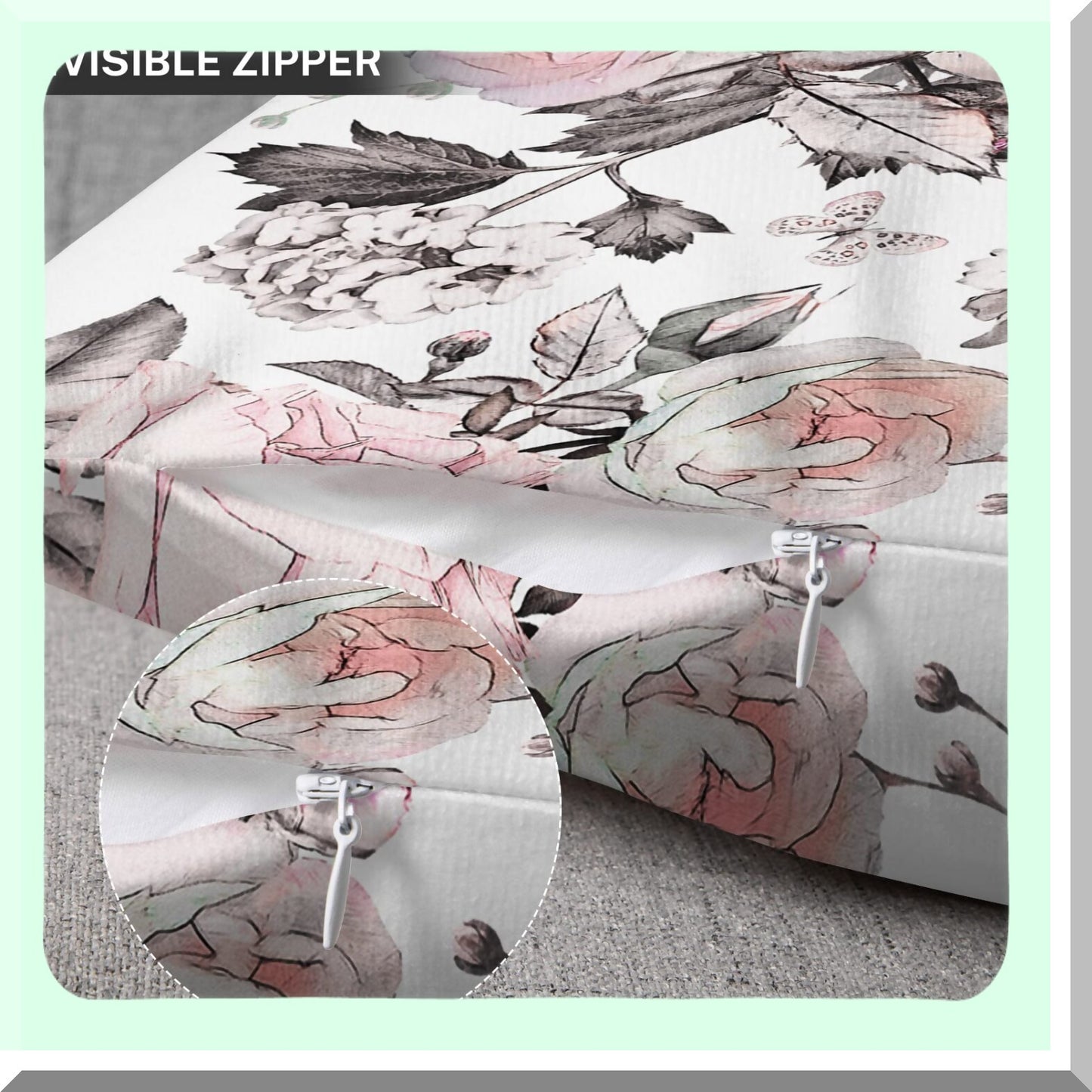 Pink Rose Watercolor Floral Pillow Cover - Gray Abstract Leaves Decorative Case for Home Decor, 18x18 Inches Square Pillowcase in Pastel Color