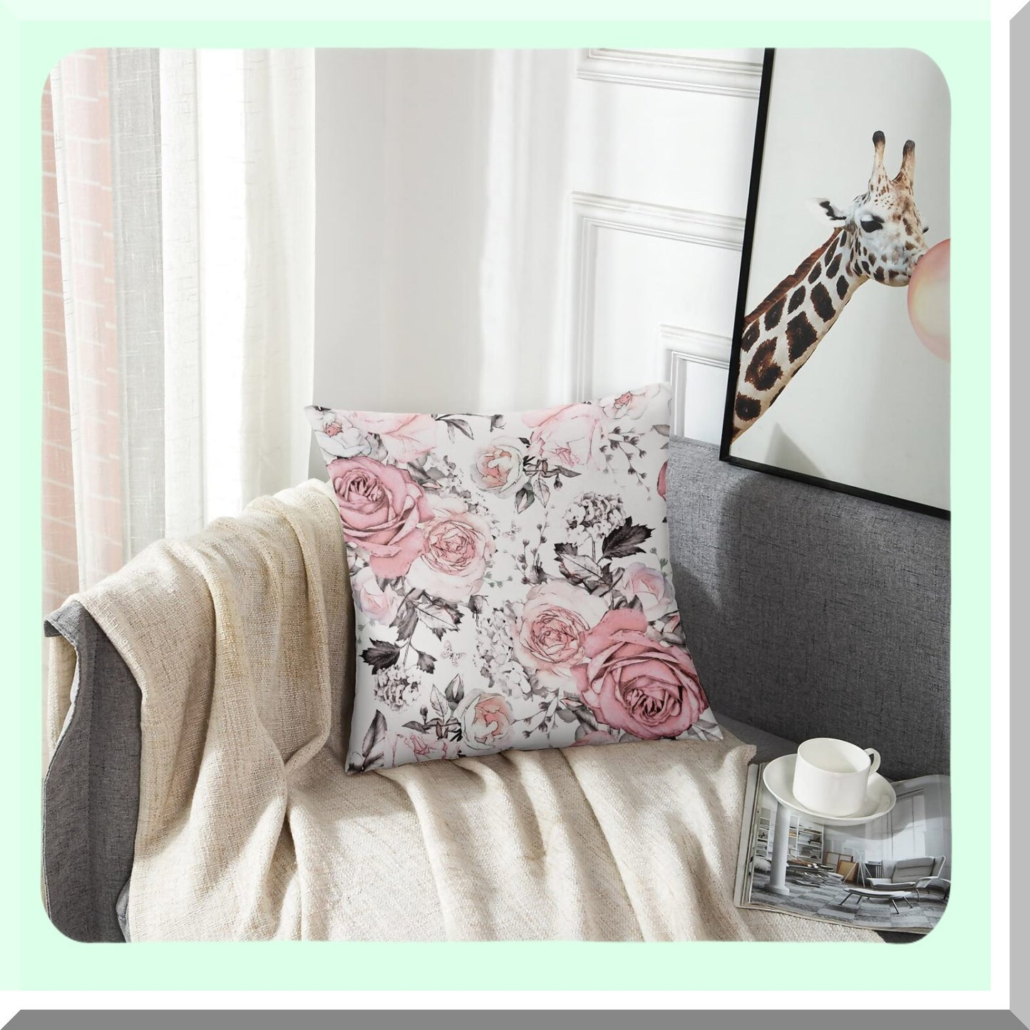 Pink Rose Watercolor Floral Pillow Cover - Gray Abstract Leaves Decorative Case for Home Decor, 18x18 Inches Square Pillowcase in Pastel Color