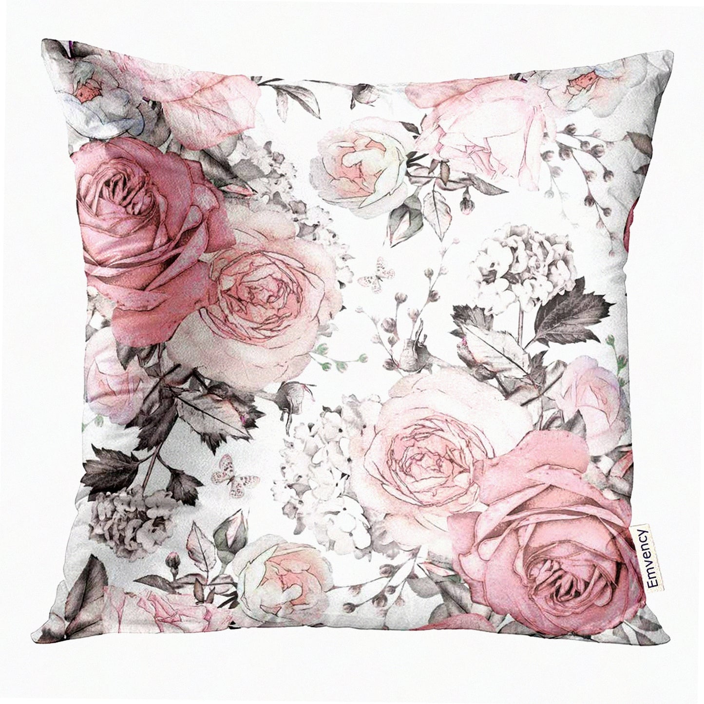Pink Rose Watercolor Floral Pillow Cover - Gray Abstract Leaves Decorative Case for Home Decor, 18x18 Inches Square Pillowcase in Pastel Color