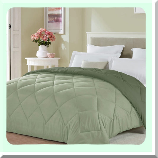 Sage Green Reversible Comforter - Lightweight Microfiber Fill Bedspread for Girls Bedding. All Season Fall Warm Blanket in Forest Green.