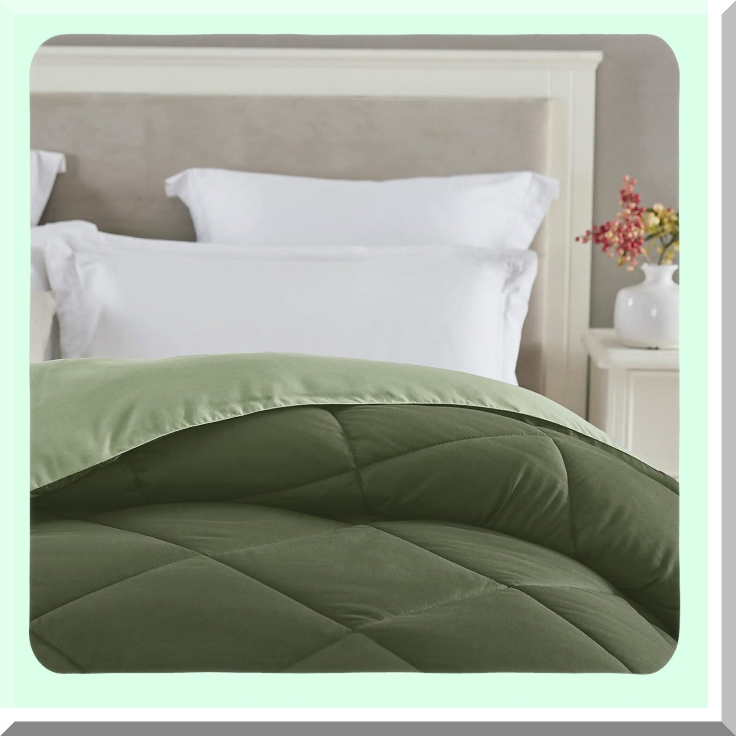 Sage Green Reversible Comforter - Lightweight Microfiber Fill Bedspread for Girls Bedding. All Season Fall Warm Blanket in Forest Green.