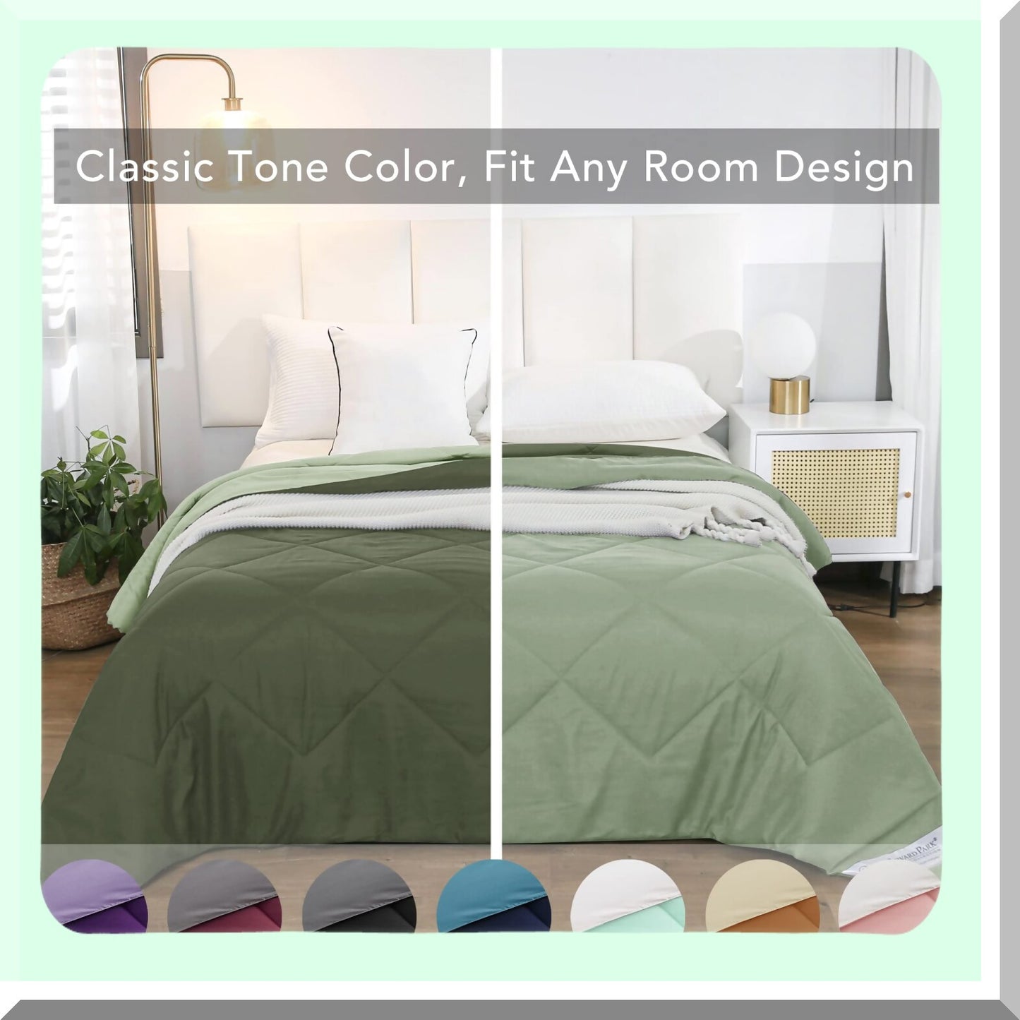 Sage Green Reversible Comforter - Lightweight Microfiber Fill Bedspread for Girls Bedding. All Season Fall Warm Blanket in Forest Green.