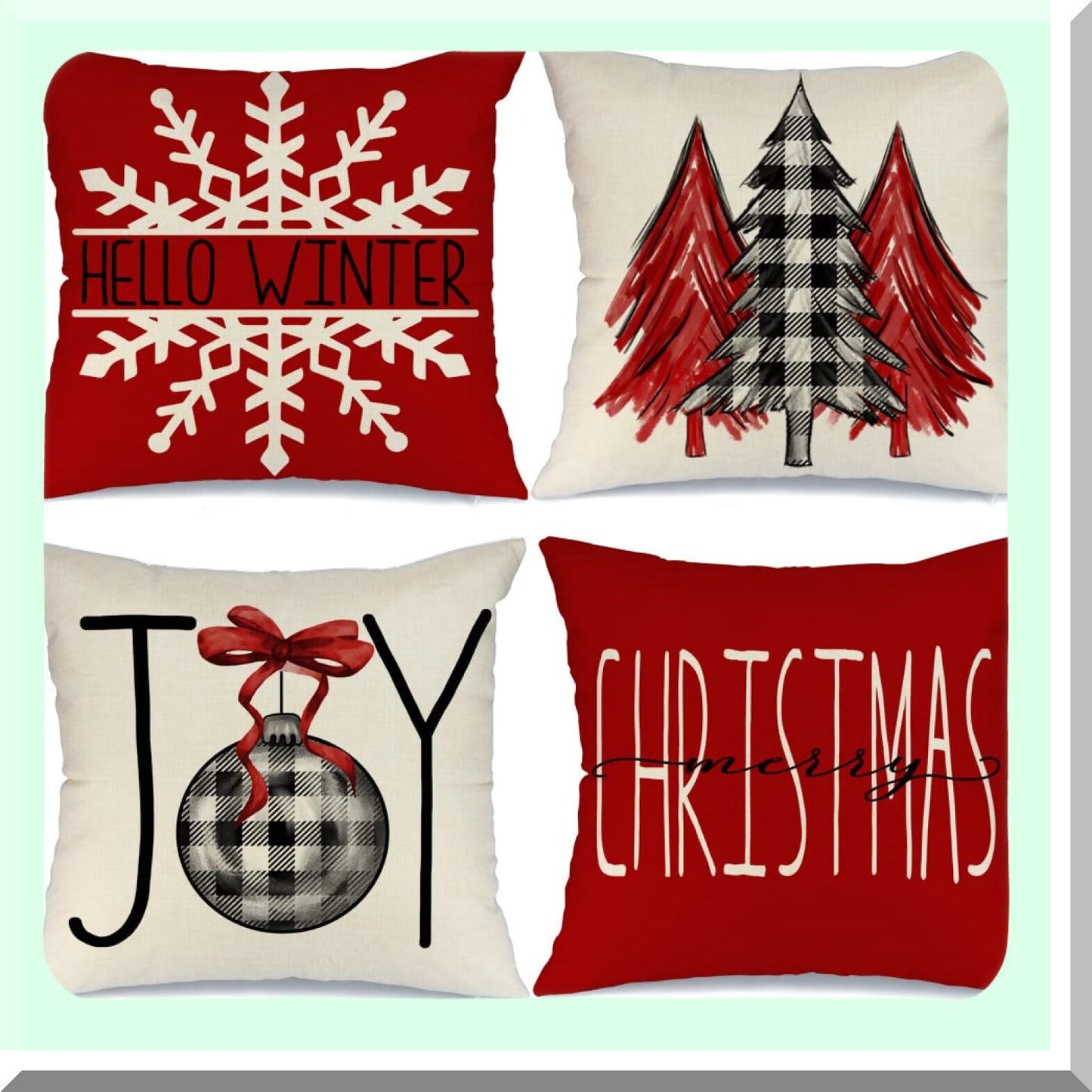Holiday Joy Buffalo Plaid Pillow Covers - Set of 4 Snow Merry Tree Throw Pillows - Festive Christmas Decor for Home - Winter Cushion Cases