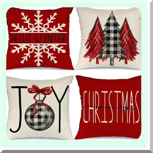 Holiday Joy Buffalo Plaid Pillow Covers - Set of 4 Snow Merry Tree Throw Pillows - Festive Christmas Decor for Home - Winter Cushion Cases
