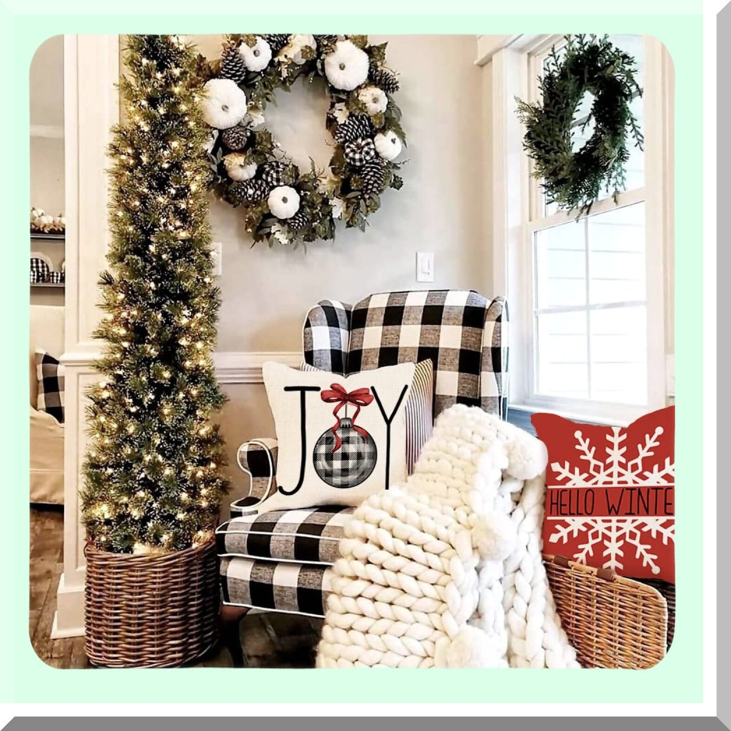Holiday Joy Buffalo Plaid Pillow Covers - Set of 4 Snow Merry Tree Throw Pillows - Festive Christmas Decor for Home - Winter Cushion Cases