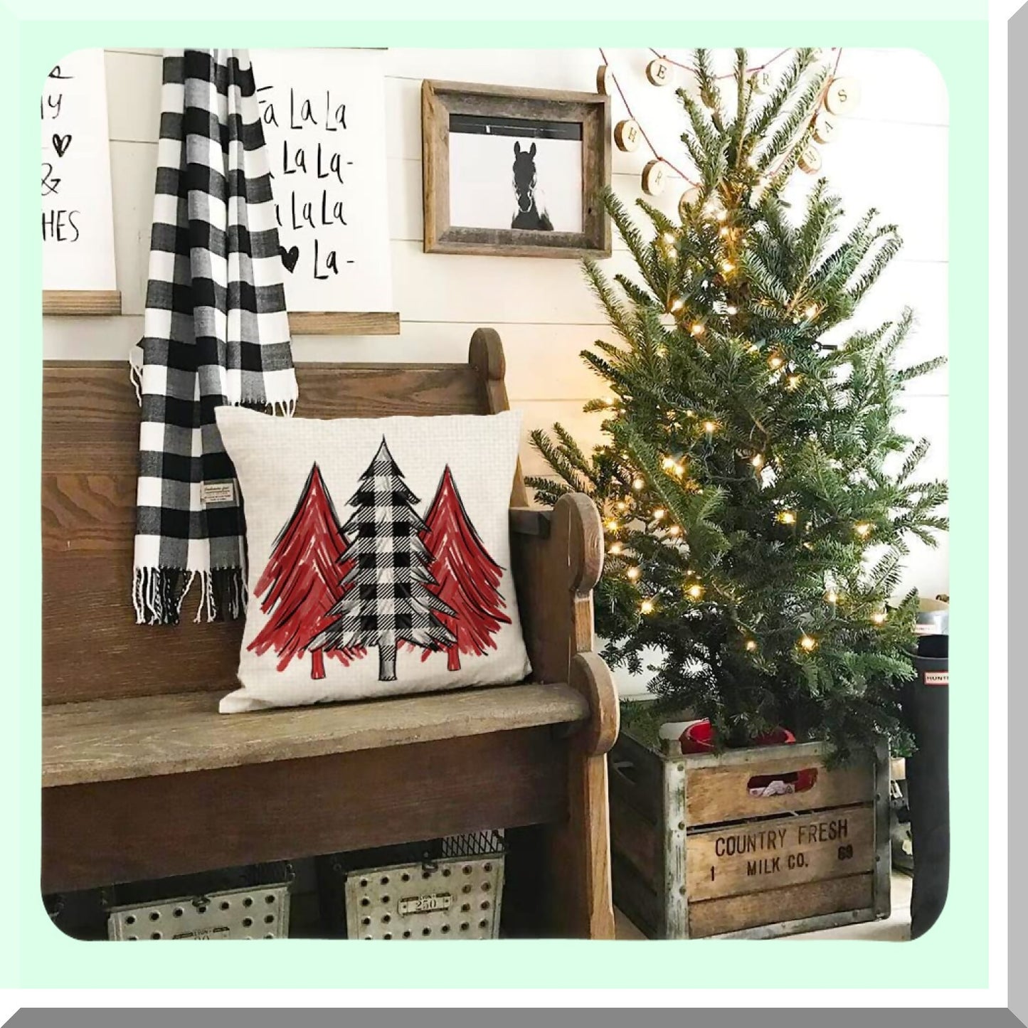 Holiday Joy Buffalo Plaid Pillow Covers - Set of 4 Snow Merry Tree Throw Pillows - Festive Christmas Decor for Home - Winter Cushion Cases