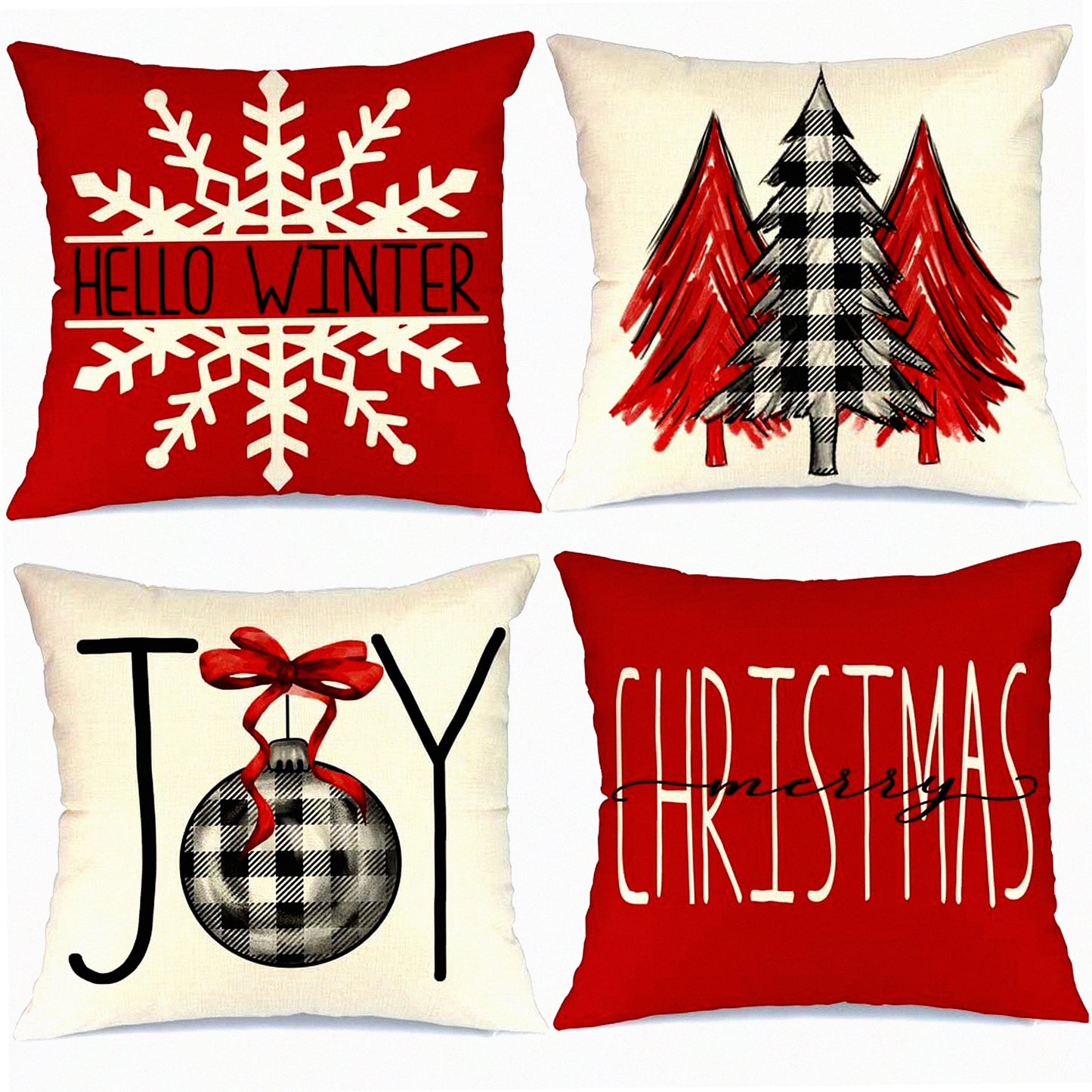 Holiday Joy Buffalo Plaid Pillow Covers - Set of 4 Snow Merry Tree Throw Pillows - Festive Christmas Decor for Home - Winter Cushion Cases