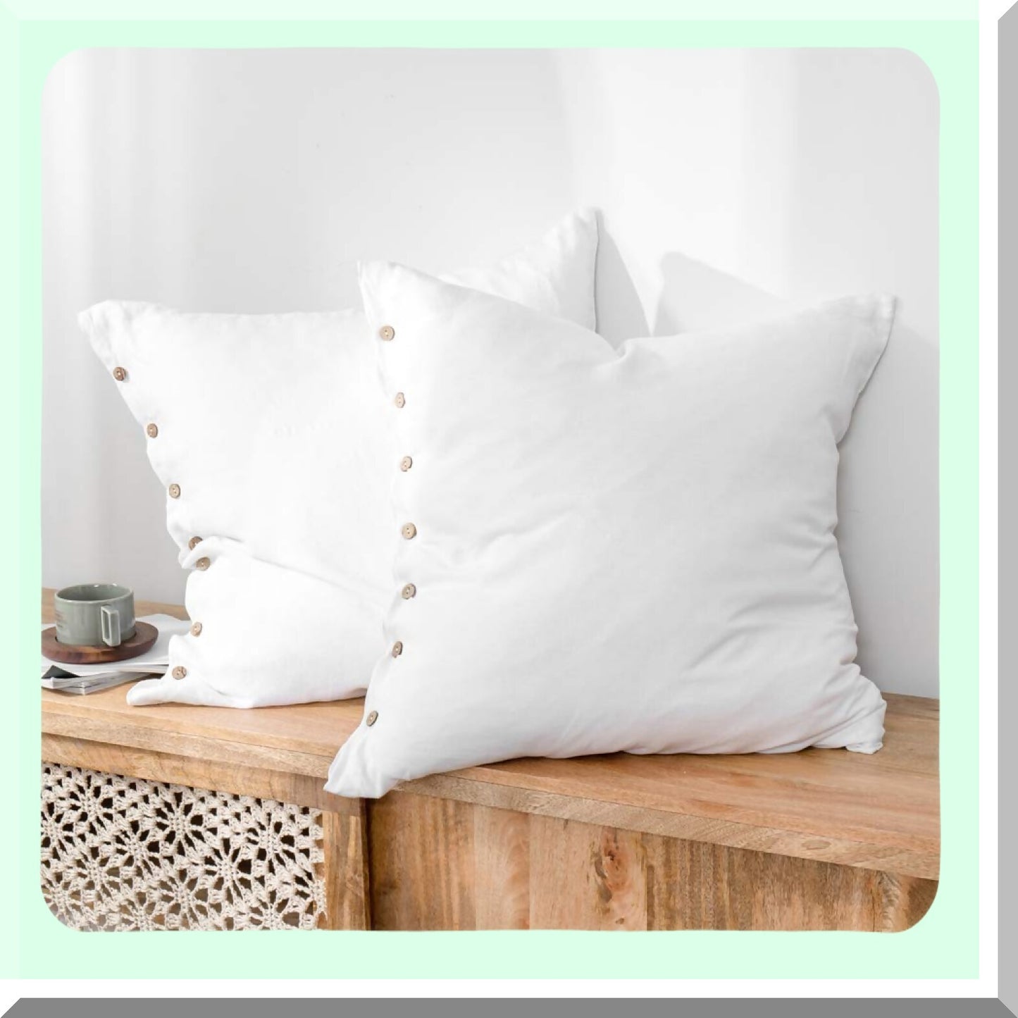 Pure Linen Buttoned Euro Shams - Set of 2 White - 26x26 Inch Decorative Pillow Covers - Washed Linen Bed Pillow Shams - Coconut Button Closure